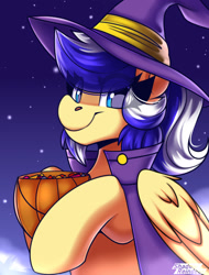 Size: 1200x1575 | Tagged: safe, artist:shadowreindeer, oc, oc:animatedpony, pegasus, pony, boosty reward, bust, clothes, costume, eye clipping through hair, female, halloween, halloween costume, holiday, hoof hold, looking at you, mare, portrait, smiling, solo