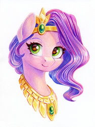 Size: 903x1200 | Tagged: safe, artist:maytee, pipp petals, pegasus, pony, g5, adorapipp, bust, colored pencil drawing, crown, cute, female, jewelry, looking at you, mare, necklace, portrait, regalia, simple background, smiling, solo, traditional art, white background