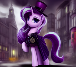 Size: 1152x1024 | Tagged: safe, ai assisted, ai content, generator:pony diffusion v1, generator:stable diffusion, prompter:siber, starlight glimmer, pony, unicorn, g4, clothes, dress, female, hat, looking at you, mare, raised hoof, raised leg, smiling, solo, steampunk, top hat