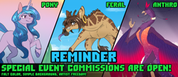 Size: 1872x809 | Tagged: safe, artist:sunny way, izzy moonbow, oc, giraffe, pony, unicorn, anthro, g5, advertisement, any gender, any species, colored, commission, commissions open, event, female, feral, flat colors, furry, mare, open