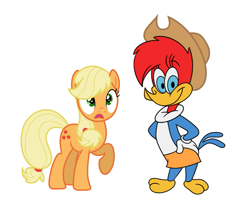 Size: 753x628 | Tagged: safe, edit, editor:orangetoastpony35, applejack, bird, earth pony, pony, woodpecker, g4, applejack's hat, clothes, cowboy hat, crossover, cute, duo, female, frown, hat, hatless, jackabetes, mare, missing accessory, shocked, simple background, skirt, smiling, the new woody woodpecker show, white background, winnie woodpecker, woody woodpecker (series)