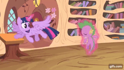 Size: 640x360 | Tagged: safe, screencap, spike, twilight sparkle, alicorn, dragon, pony, g4, season 4, three's a crowd, animated, butt, female, gif, gifs.com, glowing, glowing horn, golden oaks library, horn, magic, male, mare, telekinesis, twibutt, twilight sparkle (alicorn)