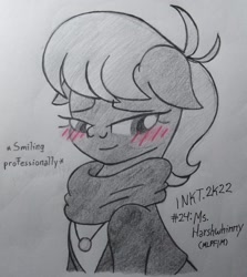 Size: 2103x2355 | Tagged: safe, artist:iceflower99, ms. harshwhinny, g4, blushing, clothes, floppy ears, high res, inktober, inktober 2022, jewelry, monochrome, necklace, scarf, smiling, traditional art, when she smiles