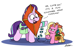 Size: 2277x1452 | Tagged: safe, artist:bobthedalek, luster dawn, starlight glimmer, pony, unicorn, mlp fim's twelfth anniversary, g4, bag, bow, clothes, costume, female, filly, filly luster dawn, foal, kite, luster dawn is not amused, luster dawn is starlight's and sunburst's daughter, mare, mother and child, mother and daughter, mothers gonna mother, nightmare night costume, parent:starlight glimmer, parent:sunburst, parents:starburst, saddle bag, scrunchy face, smothering, that pony sure does love kites, unamused