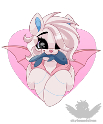 Size: 2000x2400 | Tagged: safe, artist:skyboundsiren, oc, oc only, oc:kite the bat, bat pony, fish, colored pinnae, commission, cute, cute little fangs, fangs, female, hair over one eye, halfbody, heart, heart nose, high res, looking at you, mouth hold, simple background, smiling, smiling at you, solo, spread wings, transparent background, transparent wings, wings
