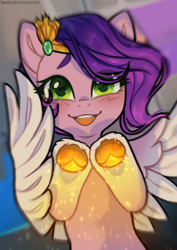 Size: 2480x3508 | Tagged: safe, artist:auroracursed, pipp petals, pegasus, pony, g5, blushing, colored hooves, female, flying, gold hooves, high res, hooves, looking at you, mare, open mouth, open smile, smiling, smiling at you, solo, sparkles, underhoof, windswept mane