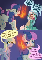 Size: 3640x5200 | Tagged: safe, artist:witchtaunter, bon bon, derpy hooves, lyra heartstrings, sweetie drops, earth pony, pegasus, pony, unicorn, mlp fim's twelfth anniversary, g4, angry, bon bon is not amused, comic, faic, floppy ears, frankenlyra, frankenpony, frankenstein's monster, gradient background, halloween, holiday, l.u.l.s., scared, simple background, sitting, speech bubble, stitches, torch, unamused, yelling