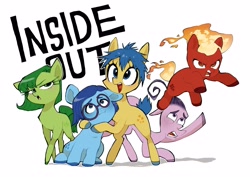 Size: 4093x2894 | Tagged: safe, artist:potetecyu_to, earth pony, pony, :i, anger (inside out), angry, disgust (inside out), fear (inside out), fire, glasses, happy, inside out, inside out emotions, joy (inside out), mane of fire, open mouth, open smile, ponified, sadness (inside out), scared, simple background, smiling, tail, tail of fire, unamused, white background