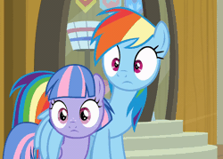 Size: 800x574 | Tagged: safe, screencap, rainbow dash, wind sprint, pegasus, pony, common ground, g4, animated, basket, buckbasket, bushel basket, covering eyes, facepalm, facewing, female, filly, foal, freckles, gif, mare, museum, stairs, talking, unamused, wind sprint is not amused, wingpalm