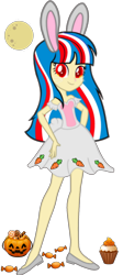 Size: 1106x2459 | Tagged: safe, artist:mapleb, oc, oc only, oc:bleach pone, human, rabbit, animal, bunny ears, candy, clothes, commission, cupcake, dress, female, flats, food, halloween, holiday, humanized, humanized oc, jack-o-lantern, moon, multicolored hair, pumpkin, shoes, simple background, solo, transparent background