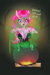 Size: 800x1200 | Tagged: safe, artist:furryfantan, pinkie pie, earth pony, anthro, g4, breasts, busty pinkie pie, female, mystery, pink hair, potion, slime, slimy, solo, witch