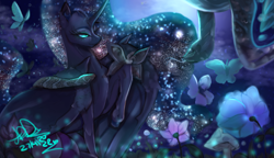 Size: 4795x2755 | Tagged: safe, artist:radomartxx01, nightmare moon, alicorn, butterfly, insect, moth, pony, snake, g4, cape, clothes, commission, ethereal mane, female, flower, forest, mare, mushroom, nicemare moon, night, signature, smiling, solo