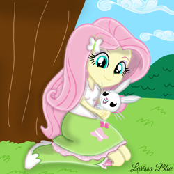 Size: 900x900 | Tagged: safe, artist:mlplary6, angel bunny, fluttershy, human, equestria girls, g4, carrying, female, looking at you, sitting, smiling, smiling at you, tree