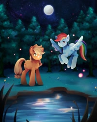 Size: 1642x2048 | Tagged: safe, artist:applesartt, applejack, rainbow dash, earth pony, pegasus, pony, g4, applejack's hat, cowboy hat, duo, duo female, female, floating, flying, forest, freckles, full moon, hat, lesbian, mare, moon, night, night sky, pond, ship:appledash, shipping, sky, spread wings, water, wide eyes, wings