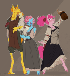 Size: 2780x3000 | Tagged: safe, artist:leonerdman, carrot cake, cup cake, pinkie pie, pound cake, pumpkin cake, earth pony, anthro, unguligrade anthro, g4, apron, cake twins, clothes, corset, dress, female, high res, male, ponytail, siblings, tankard, twins