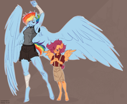 Size: 3264x2676 | Tagged: safe, artist:leonerdman, rainbow dash, scootaloo, pegasus, anthro, unguligrade anthro, g4, armpits, clothes, duo, eye scar, facial scar, female, high res, large wings, scar, shorts, suspenders, tank top, tomboy, wings