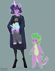 Size: 1836x2384 | Tagged: safe, artist:leonerdman, spike, twilight sparkle, dragon, anthro, unguligrade anthro, g4, alternate hairstyle, book, boots, bowtie, cloak, clothes, duo, female, glasses, glowing, glowing horn, horn, male, open book, robe, shoes, short hair, shorts, stockings, thigh highs