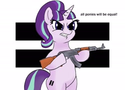 Size: 2048x1470 | Tagged: safe, artist:fizzlepopsunset, starlight glimmer, pony, unicorn, g4, ak-47, assault rifle, bipedal, equal sign, female, gun, hoof hold, rifle, s5 starlight, simple background, weapon, white background