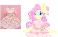Size: 640x408 | Tagged: safe, artist:kreeeeeez, fluttershy, 3, bipedal, bow, clothes, dress, female, hair bow, irl, looking at you, mare, photo, reddit, simple background, solo, tiktok, white background, wingless