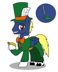 Size: 2160x2650 | Tagged: safe, artist:metal-jacket444, pegasus, pony, batman, bowtie, circuit board, clothes, cutie mark, dc comics, high res, jervis tetch, mad hatter, mad hatter (dc comics), male, pocket watch, ponified, sadism, shirt, simple background, sodering iron, solo, spats, top hat, ulster coat, watch, white background