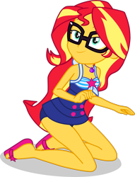 Size: 2482x3252 | Tagged: safe, artist:dustinwatsongkx, sunset shimmer, human, equestria girls, g4, accessory swap, bare shoulders, clothes, clothes swap, feet, female, geode of telekinesis, glasses, high res, magical geodes, one-piece swimsuit, sandals, sci-twi swimsuit, simple background, sleeveless, solo, swimsuit, swimsuit swap, transparent background