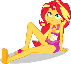 Size: 3298x2979 | Tagged: safe, artist:dustinwatsongkx, sunset shimmer, human, equestria girls, g4, accessory swap, bare shoulders, clothes, clothes swap, feet, female, geode of sugar bombs, high res, magical geodes, one-piece swimsuit, pinkie pie swimsuit, pinkie pie's beach shorts swimsuit, simple background, sleeveless, solo, swimsuit, swimsuit swap, transparent background