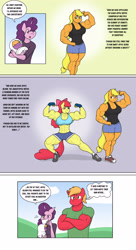 Size: 1673x3072 | Tagged: safe, artist:matchstickman, apple bloom, applejack, big macintosh, little mac, sugar belle, earth pony, unicorn, anthro, plantigrade anthro, matchstickman's apple brawn series, tumblr:where the apple blossoms, g4, abs, apple brawn, apple siblings, apple sisters, applejacked, armpits, biceps, breasts, brother and sister, busty apple bloom, busty applejack, busty sugar belle, clothes, comic, deltoids, dialogue, female, flexing, foal, great macintosh, male, mare, muscles, muscular female, muscular male, older, older apple bloom, pecs, ship:sugarmac, shipping, shirt, shoes, shorts, siblings, sisters, speech bubble, stallion, straight, thighs, thought bubble, thunder thighs, tumblr comic