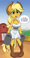 Size: 1516x2890 | Tagged: safe, artist:siroc, applejack, earth pony, anthro, plantigrade anthro, g4, 2022, annoyed, big breasts, boots, breasts, busty applejack, cleavage, clothes, cowboy boots, cowboy hat, dialogue, dress, farm, featured image, female, hat, milk jug, open mouth, pigeon toed, sexy, shoes, solo, speech bubble, stupid sexy applejack, summer dress, sundress, sweat, white dress, working