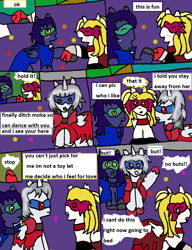 Size: 1270x1655 | Tagged: safe, artist:ask-luciavampire, oc, oc only, oc:ezra damon, oc:rasazy nightdreamer, oc:spyro rune, bat pony, pony, undead, vampire, vampony, annoyed, ask-canterlot-academy, clothes, comic, costume, cross-popping veins, dancing, emanata, fighting over girl, halloween, halloween costume, holiday, nightmare night, nightmare night costume, tumblr