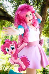 Size: 1366x2048 | Tagged: safe, artist:clefchan, pinkie pie, human, pony, equestria girls, g4, clothes, cosplay, costume, human ponidox, irl, irl human, photo, self paradox, self ponidox