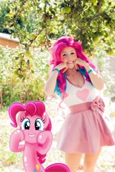 Size: 1365x2048 | Tagged: safe, artist:clefchan, pinkie pie, human, pony, equestria girls, g4, clothes, cosplay, costume, human ponidox, irl, irl human, photo, self paradox, self ponidox