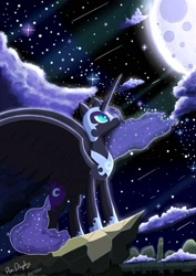 Size: 1080x1528 | Tagged: safe, artist:pen display, nightmare moon, alicorn, pony, g4, cloud, drawing, female, frown, looking up, mare, moon, night, shooting star, signature, solo, spread wings, wings