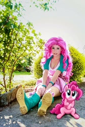 Size: 1365x2048 | Tagged: safe, artist:clefchan, pinkie pie, human, pony, equestria girls, g4, clothes, cosplay, costume, cute, diapinkes, human ponidox, irl, irl human, photo, self paradox, self ponidox