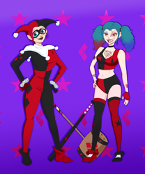 Size: 2500x3000 | Tagged: safe, artist:notoriousskullman, oc, oc only, oc:candy fae, oc:painted lilly, human, alternate hairstyle, baseball bat, belly button, bisexual pride flag, boots, choker, clothes, converse, cosplay, costume, dc comics, domino mask, duo, ear piercing, earring, eyeshadow, fangs, female, fingerless gloves, gloves, grin, halloween, halloween costume, hammer, harley quinn, high res, humanized, humanized oc, jewelry, lip piercing, lipstick, makeup, mallet, mask, midriff, nail polish, nonbinary, nonbinary pride flag, nose piercing, nose ring, open mouth, piercing, pride, pride flag, shoes, shorts, smiling, sports bra, sports shorts, stockings, thigh highs, tongue piercing