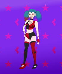 Size: 2500x3000 | Tagged: safe, artist:notoriousskullman, derpibooru exclusive, oc, oc only, oc:candy fae, human, alternate hairstyle, belly button, choker, clothes, converse, cosplay, costume, dc comics, ear piercing, earring, eyeshadow, fangs, female, fingerless gloves, gloves, grin, halloween, halloween costume, harley quinn, harley quinn (2019), high res, humanized, humanized oc, jewelry, lip piercing, makeup, midriff, nail polish, nose piercing, nose ring, open mouth, piercing, shoes, shorts, smiling, solo, sports bra, sports shorts, stockings, thigh highs, tongue piercing
