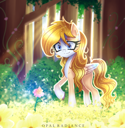 Size: 2240x2272 | Tagged: safe, artist:opal_radiance, oc, oc only, pegasus, pony, beautiful, bush, coat markings, colored wings, commission, crepuscular rays, flower, forest, forest background, high res, lighting, multicolored wings, pale belly, pegasus oc, scenery, socks (coat markings), solo, wings