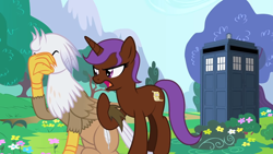 Size: 1280x720 | Tagged: safe, artist:mlp-silver-quill, oc, oc:eliyora, oc:silver quill, after the fact, after the fact:it ain't easy being breezies, doctor who, facepalm, flower, hair lock, tardis, tree
