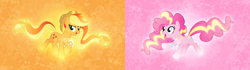 Size: 4000x1125 | Tagged: safe, artist:orin331, applejack, pinkie pie, earth pony, pony, g4, cowboy hat, floating, flowing mane, glowing, glowing hooves, hat, magic, open mouth, rainbow power, redesign, ribbon, simple background, stetson
