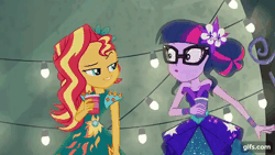 Size: 640x360 | Tagged: safe, screencap, sci-twi, sunset shimmer, twilight sparkle, human, equestria girls, g4, my little pony equestria girls: legend of everfree, animated, bare shoulders, blushing, crystal gala dress, cute, female, gif, gifs.com, sci-twiabetes, shimmerbetes, sleeveless, strapless, twiabetes