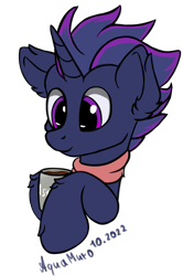 Size: 1241x1868 | Tagged: safe, artist:aquamuro, oc, oc only, oc:astral aegis, pony, unicorn, bust, chocolate, clothes, cute, fluffy, food, holding, hot chocolate, male, mug, scarf, signature, simple background, sketch, solo, stallion, transparent background