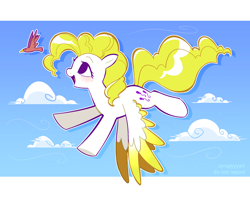 Size: 2184x1728 | Tagged: safe, artist:syrupyyy, surprise, bird, pegasus, pony, g1, g4, colored wings, colored wingtips, female, flying, g1 to g4, generation leap, looking up, mare, open mouth, open smile, ponytober, smiling, solo, wings