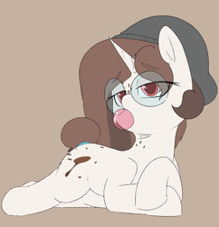 Size: 1822x1886 | Tagged: safe, artist:chaosllama, oc, oc:mocha bean macchiato, pony, unicorn, beanie, bedroom eyes, female, food, glasses, gum, hat, looking at you, mare, solo