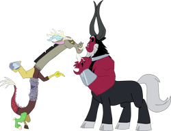 Size: 1129x861 | Tagged: safe, artist:nukarulesthehouse1, discord, lord tirek, centaur, draconequus, taur, g4, the ending of the end, arms, beard, chains, duo, facial hair, full body, gem, horns, male, mocking, paint tool sai, rock, shocked, simple background, transparent background, vector, vector trace