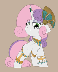 Size: 1854x2295 | Tagged: safe, artist:chaosllama, sweetie belle, pony, unicorn, g4, adult blank flank, blank flank, clothes, egyptian, egyptian headdress, female, jewelry, looking at you, makeup, mare, ring, solo