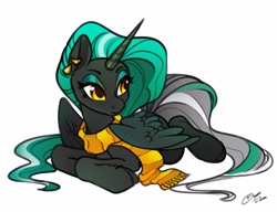 Size: 4096x3140 | Tagged: safe, artist:opalacorn, oc, oc only, oc:obsidian (m00n13aby), alicorn, pony, alicorn oc, clothes, ear piercing, earring, eyeshadow, female, high res, horn, jewelry, makeup, mare, piercing, scarf, signature, simple background, solo, striped scarf, white background, wings
