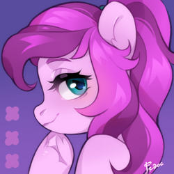 Size: 1036x1036 | Tagged: safe, artist:fedos, oc, oc only, oc:violet ray, pony, blushing, bust, choker, cute, heart, hoof heart, looking at you, looking back, looking back at you, ponytail, portrait, profile, smiling, smiling at you, smirk, smug, solo, starry eyes, underhoof, upside-down hoof heart, wingding eyes