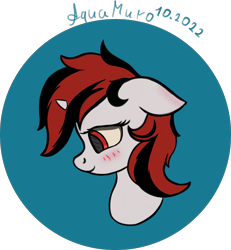 Size: 1944x2105 | Tagged: safe, alternate version, artist:aquamuro, oc, oc only, oc:blackjack, pony, unicorn, fallout equestria, fallout equestria: project horizons, abstract background, blushing, bust, colored sclera, cute, fanfic art, female, horn, mare, signature, simple background, sketch, small horn, smiling, solo, style emulation, transparent background, two toned mane, unicorn oc, yellow sclera