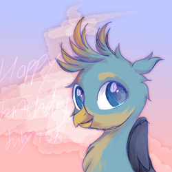 Size: 1000x1000 | Tagged: artist needed, source needed, safe, gallus, griffon, g4, chest fluff, cloud, cute, english, eye reflection, floppy ears, gallabetes, handsome, happy birthday, july, leader, looking at you, male, reflection, solo, teenager