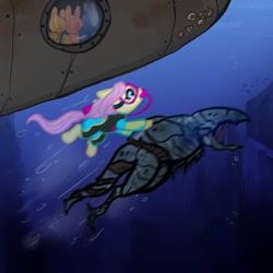 Size: 1000x1000 | Tagged: safe, artist:nootaz, fluttershy, mudraptor, pony, g4, barotrauma, bubble, diving suit, female, flowing hair, flowing mane, fluttershy's wetsuit, mare, ocean, scuba gear, submarine, swimming, underwater, water, watershy, wetsuit