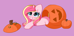 Size: 6701x3272 | Tagged: safe, artist:kittyrosie, oc, oc only, oc:rosa flame, pony, unicorn, :o, blushing, open mouth, pink background, pumpkin, simple background, solo